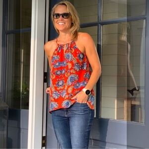 Women’s Red Floral High Neck Sleeveless Plus Size Blouse Keyhole Neckline, XXL